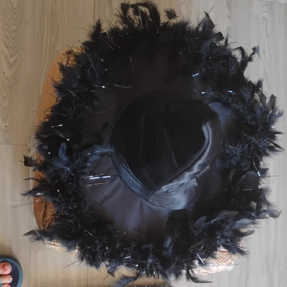 Black Witch Hat with Feather Trim